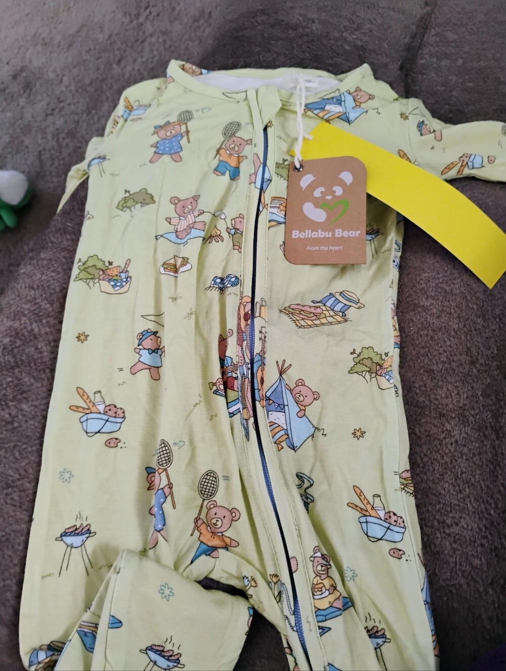 Bellabu Bear Light Yellow Bear Print Zip Romper
